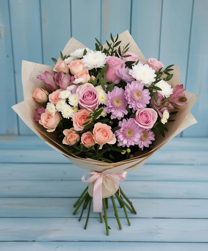 Букет цветов из: Хризантемы, Розы и Альстромерии в Селты