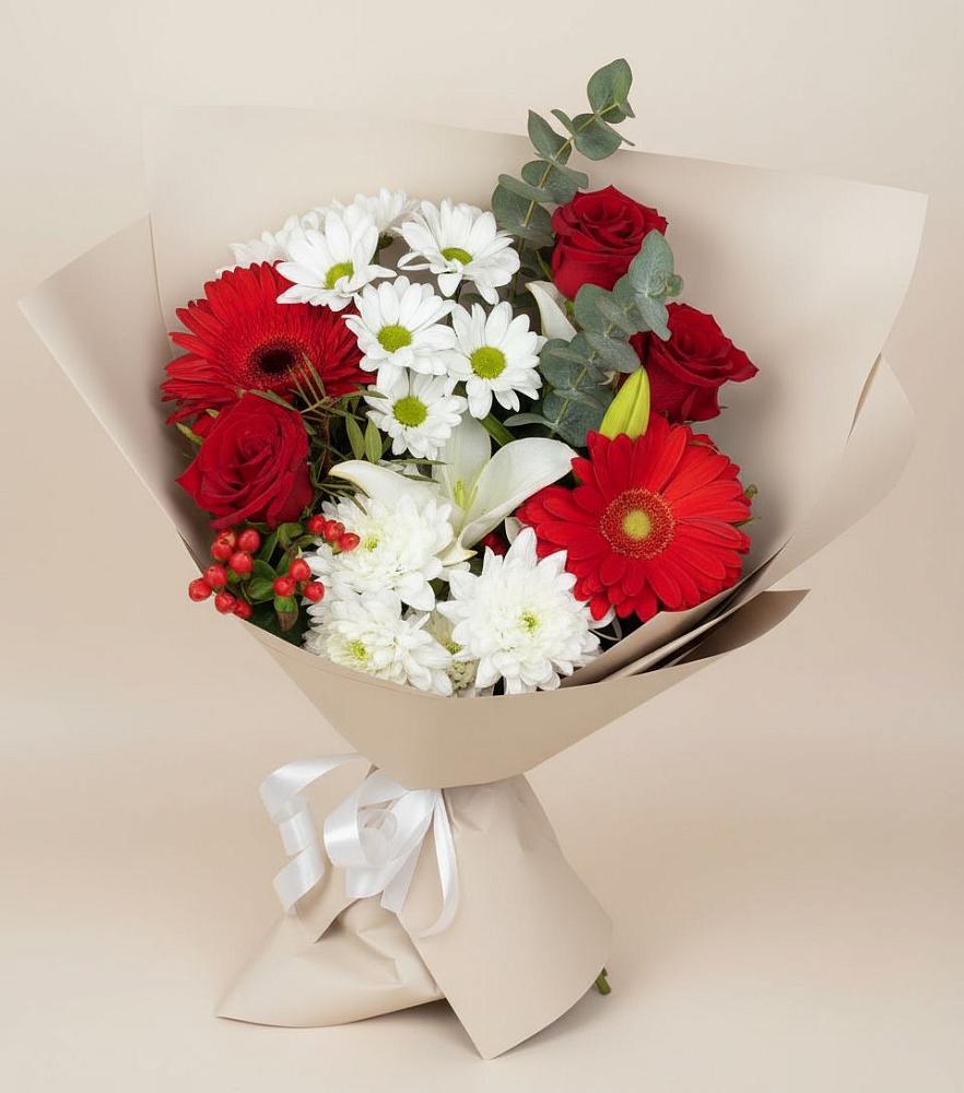 Букет цветов из: Розы, Хризантемы, Герберы и Лилии в Селты