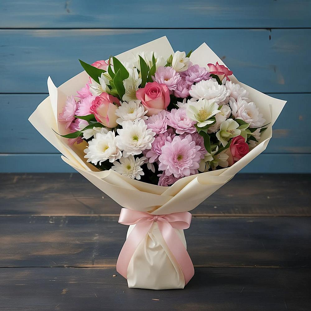 Букет цветов из: Хризантемы, Альстромерии и Розы в Селты